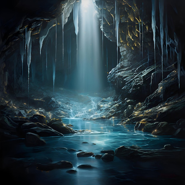 Fantasy cave with waterfall and ice 3D rendering Computer digital drawing