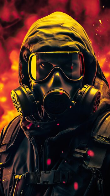 Fantasy character wearing gas mask with yellow cyberpunk theme