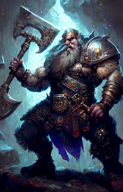 A fantasy character with a large axe and a large beard.