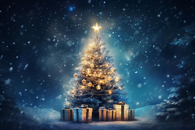 fantasy christmas tree with gifts celebratin on blue winter background