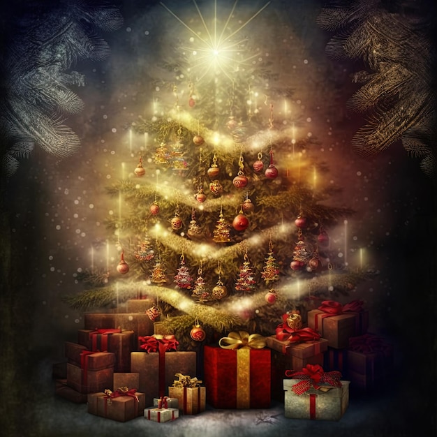 Fantasy christmas tree with gifts celebrating merry christmas. Christmas card background