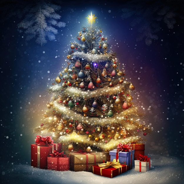 Fantasy christmas tree with gifts celebrating merry christmas. Christmas card background