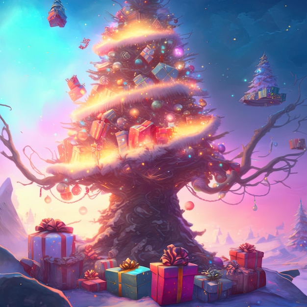 Fantasy christmas tree with gifts celebrating merry christmas. Christmas card background