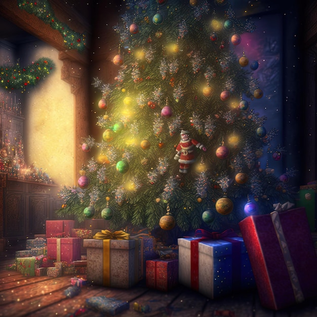 メリー クリスマスを祝うギフトとファンタジーのクリスマス ツリー。クリスマス カードの背景