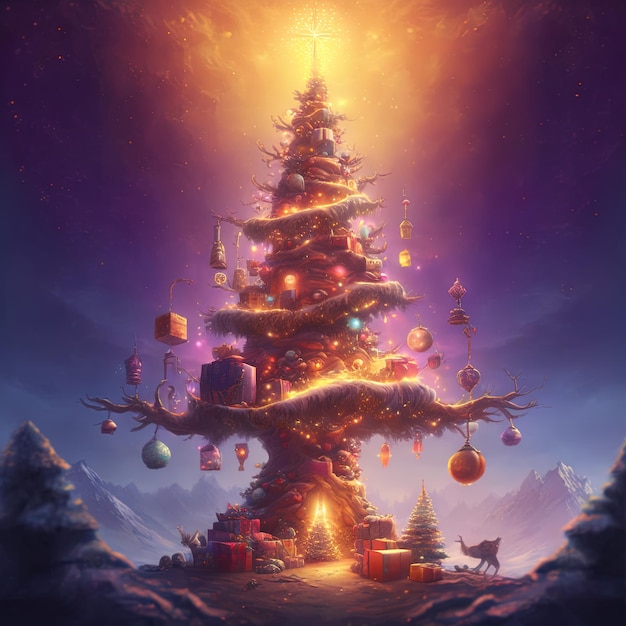 メリー クリスマスを祝うギフトとファンタジーのクリスマス ツリー。クリスマス カードの背景