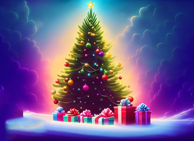 Fantasy christmas tree with gifts celebrating merry christmas christmas card