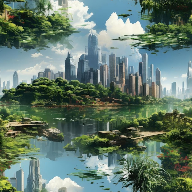 Fantasy city in a forest with water trees and vibrant details tiled