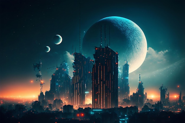 Fantasy city of the future Futuristic world Night view neon lights Generative AI