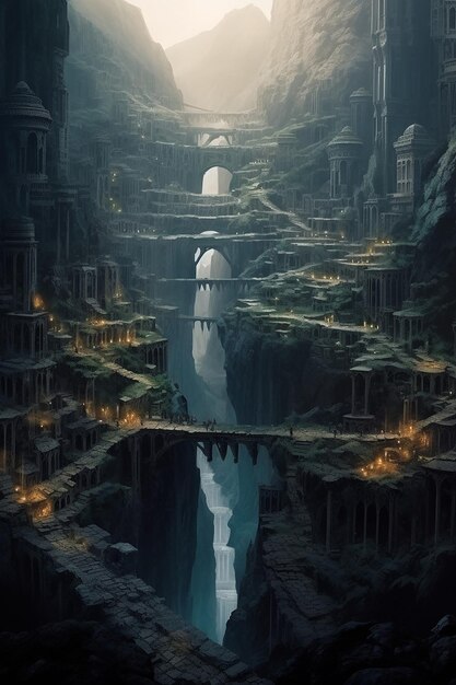 A fantasy city located beneath a massive fizzure in the ground it is narrow but extremely deep and