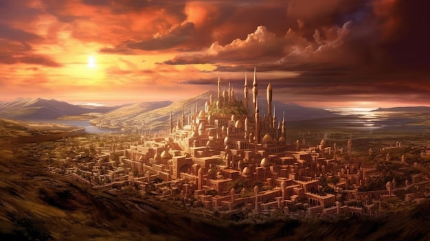 A fantasy city located on a plain by the river at sunset with the skyscrapers lighten by golden hour in the middle of a cloudy blue sky Generative AI