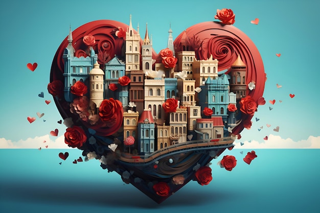 Fantasy city in the shape of a heart 3D rendering