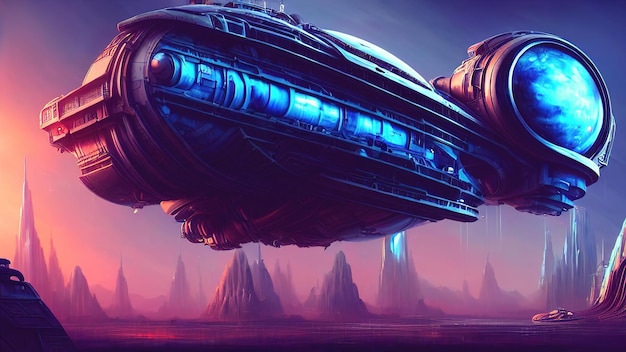 Fantasy city spaceship base legendary spaceship on a planet in\
space neon lights illuminate the city of the future science fiction\
3d illustration