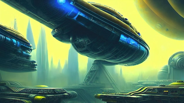 Fantasy city spaceship base legendary spaceship on a planet in\
space neon lights illuminate the city of the future science fiction\
3d illustration