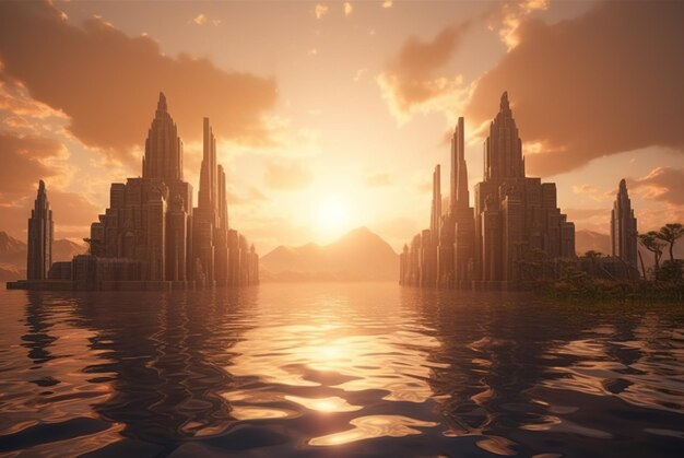 日当たりの良い風景の川に囲まれたファンタジー都市朝の太陽光線の古代の城生成された AI