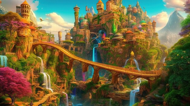 A fantasy city with a bridge and a bridge