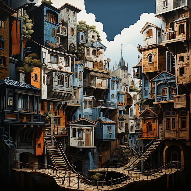 Fantasy city with wooden houses Digital painting 3D illustration