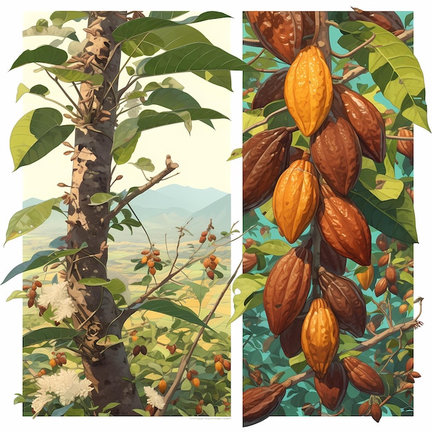 Foto fantasia della raccolta dell'albero di cacao illustrazione artistica