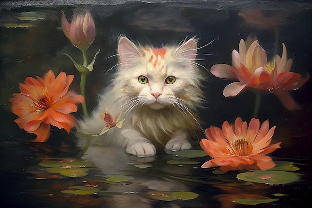 Fantasy collage cat with fish and flowers generative ai