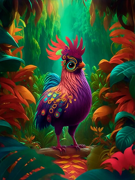 A fantasy colored rooster standing in a forest with colored trees and leaves