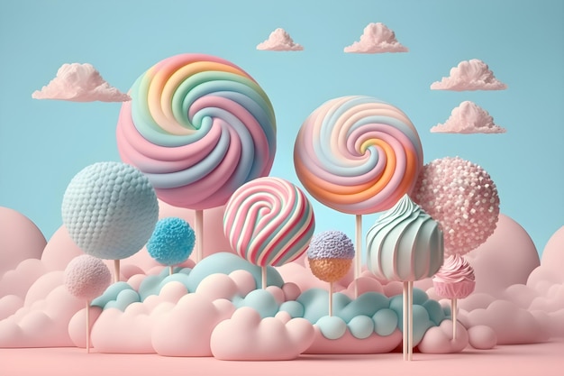 Fantasy Colorful lollipops on cotton candy landscape pink background illustration