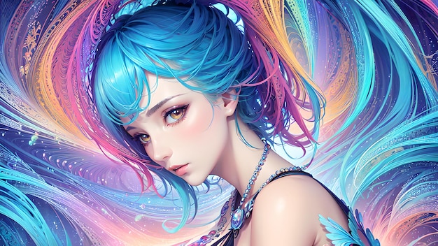 Fantasy colorful scene with fractal beauty girl semi realistic for wallpaper