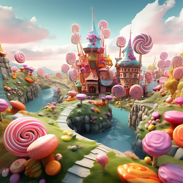 fantasy colorful sweet magical wonderland landscape of sugar and candy