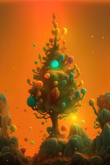 Fantasy colorful tree on bright orange background