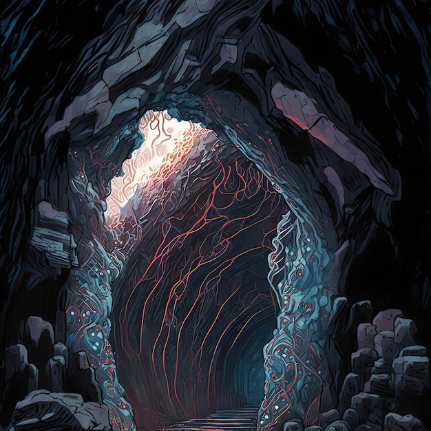 Photo fantasy concept of the illuminated arch portal in rock in underground dimension digital art style illustration painting