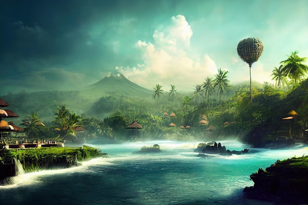 Fantasy concept showing a Famous Bali hotels digital art painting horizontal side view