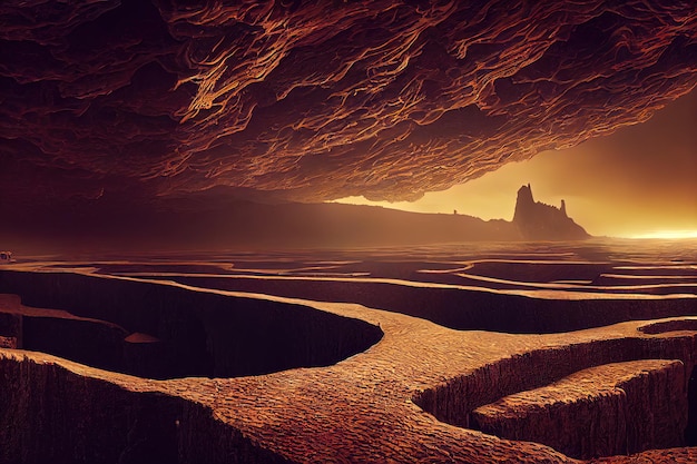 Photo fantasy concept showing a fingals cave scotland unusual basalt columns formed by lava flow