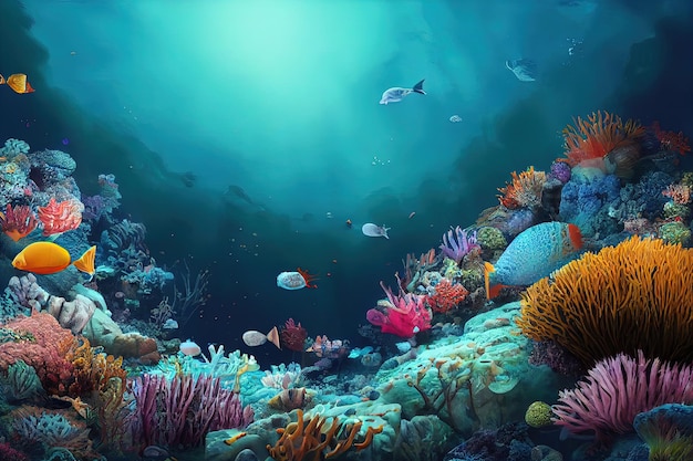 Photo fantasy concept showing a great barrier reef australia a colorful array of underwater wildlife