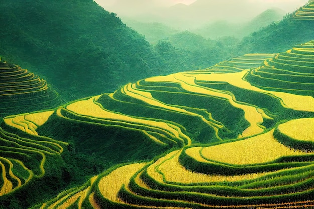 Fantasy concept showing a longji rice terrace china stunningly\
beautiful terraced rice fields