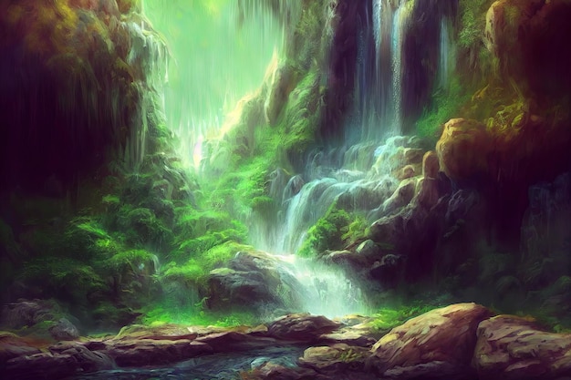 Fantasy concept showing mystical waterfall in the forest digital art style painting illustration