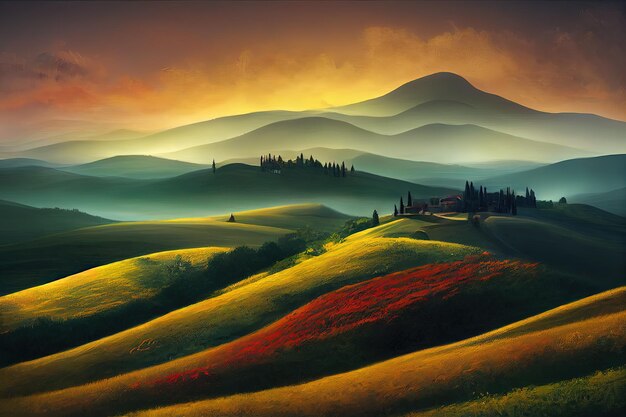 Fantasy concept showing a tuscany italy the land of richly\
colored rolling hills and old luxury