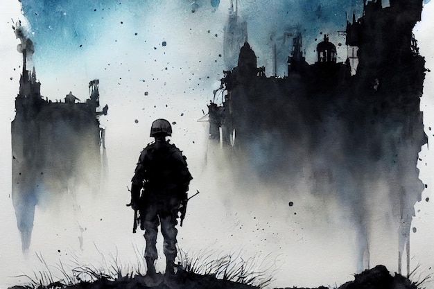 Fantasy concept of a soldier standing alone after the war in battlefield digital art style illustration painting