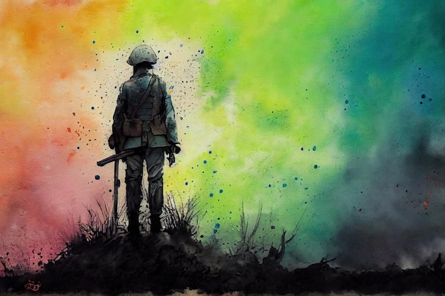 Fantasy concept of a soldier standing alone after the war in\
battlefield digital art style illustration painting