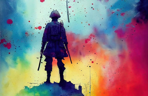 Fantasy concept of a soldier standing alone after the war in battlefield digital art style illustration painting