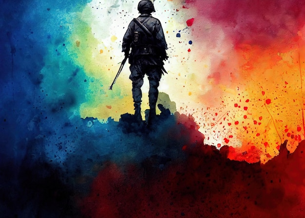 Fantasy concept of a soldier standing alone after the war in battlefield digital art style illustration painting