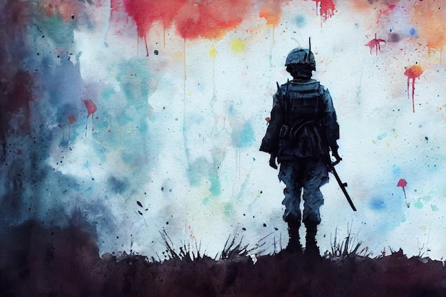 Fantasy concept of a soldier standing alone after the war in\
battlefield digital art style illustration painting