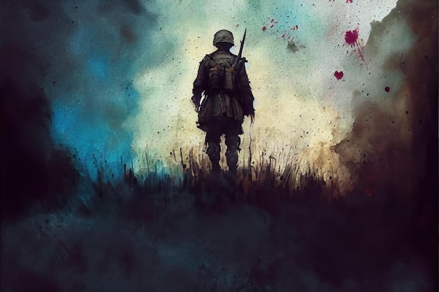 Fantasy concept of a soldier standing alone after the war in
battlefield water color style digital art style illustration
painting