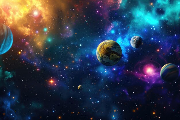 写真 鮮やかな銀河空間でカラフルな惑星を持つファンタジー宇宙