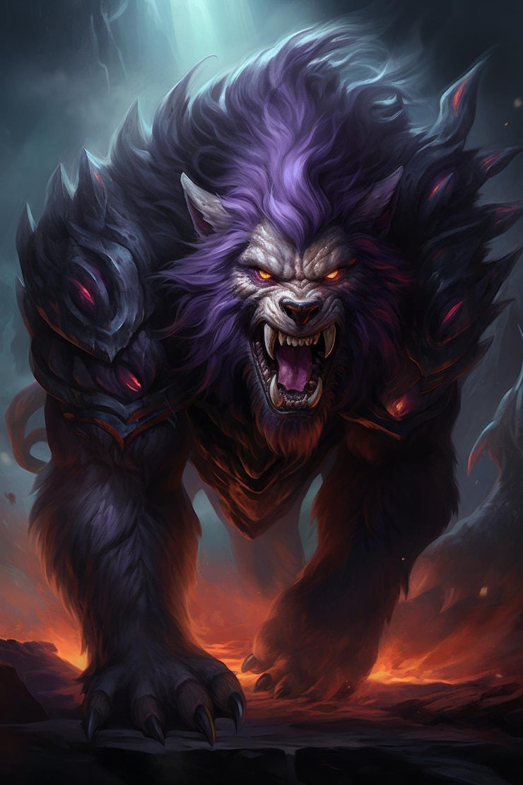 Photo fantasy creature with purple fur and sharp teeth