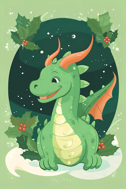 Fantasy cute dragon with christmas hat new year's card new year 2024 generative ai