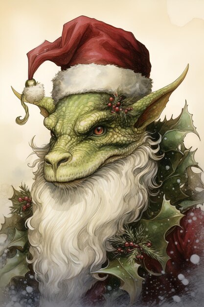 Фото Фантастический милый дракон с рождественской шляпой новогодняя открытка новый год 2024