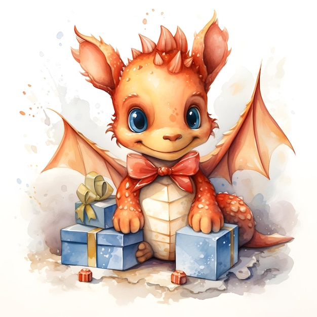 Fantasy cute dragon with gifts christmas great design watercolor White color background