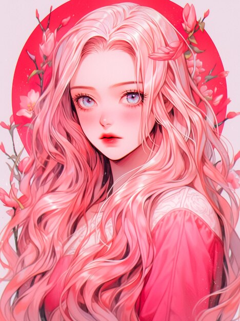 Fantasy and Cute Theme of a Girl with Dreamy Hair and Pink Color Ai generated