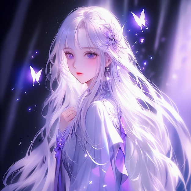 Fantasy and Cute Theme of Girl with purple Hair and Lighting Realistic Portrait manga Ai generated