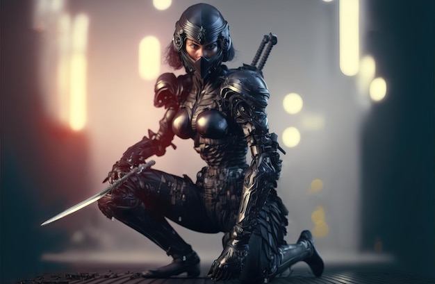 Fantasy cyborg vrouw knielt op haar knieën met een katana in één hand Fantasy samurai girl from cyborgs 3D rendering