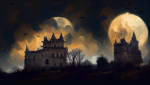 Fantasy dark castle with creepy towers at night as scary fairy tale digital illustration