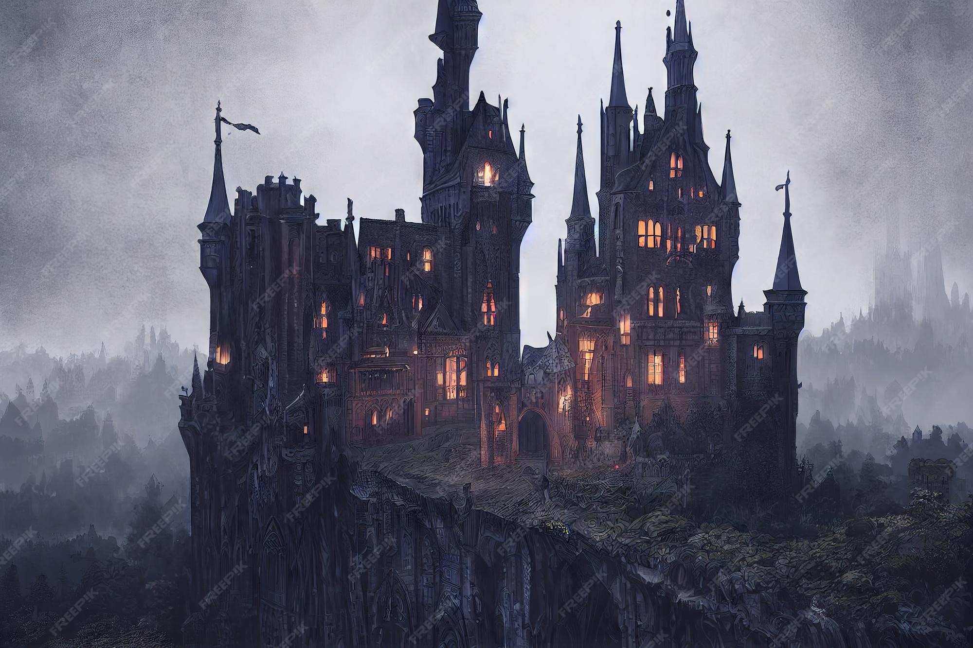 Premium Photo Fantasy dark castle with creepy towers at night